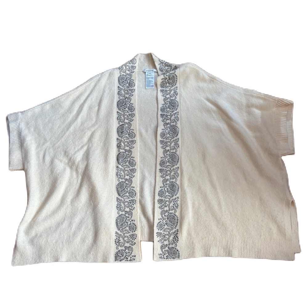 Chico's Cream Cardigan Beaded No Closure Small Ivory Silver Sweater
